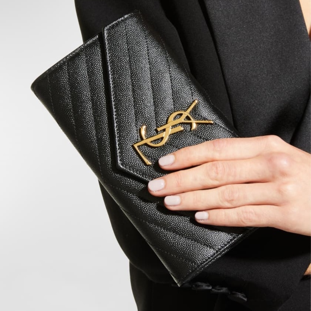 Saint Laurent YSL Large Grain de Poudre Leather Flap Wallet in Black